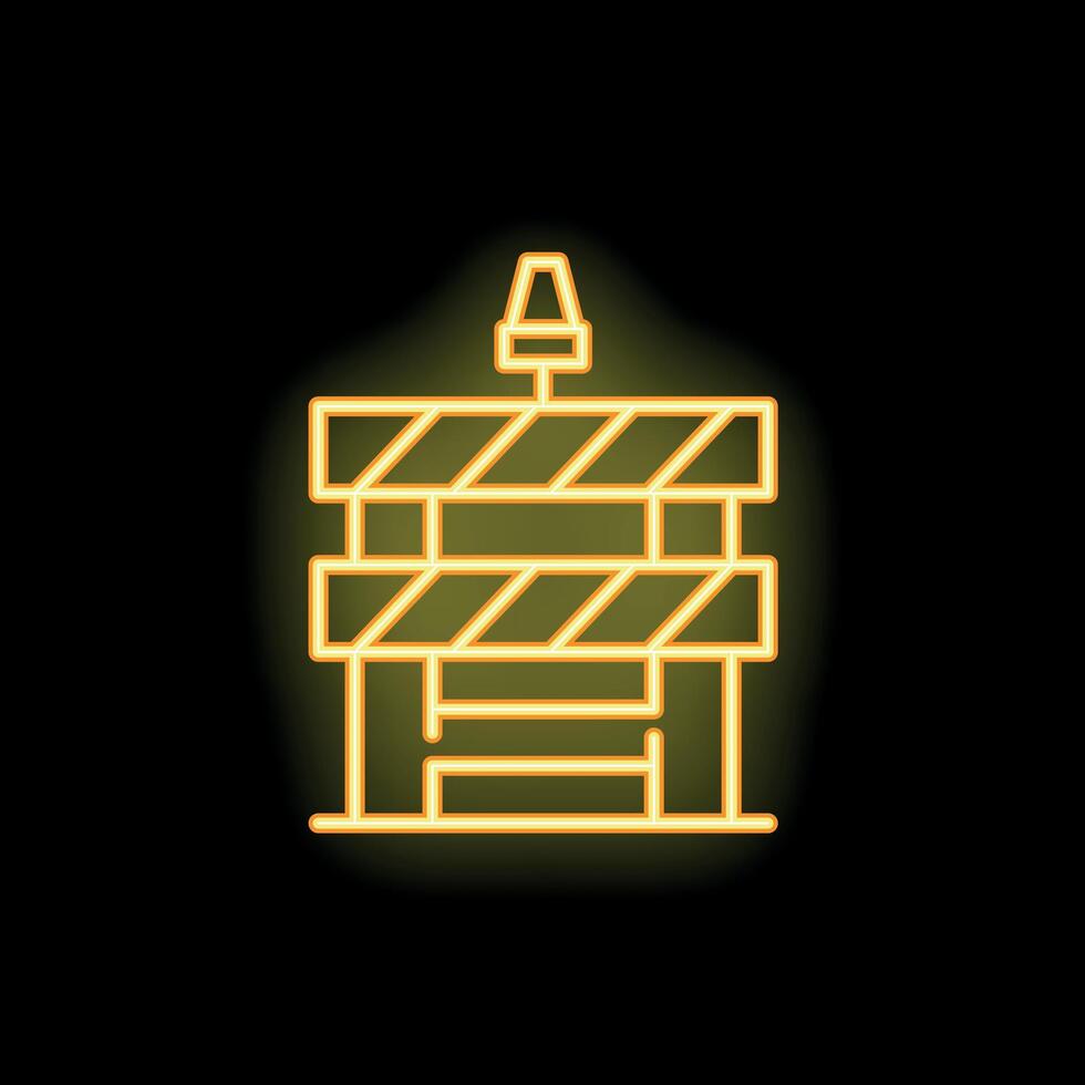 Neon style icon of roadblock with signal lamp glowing on dark background vector