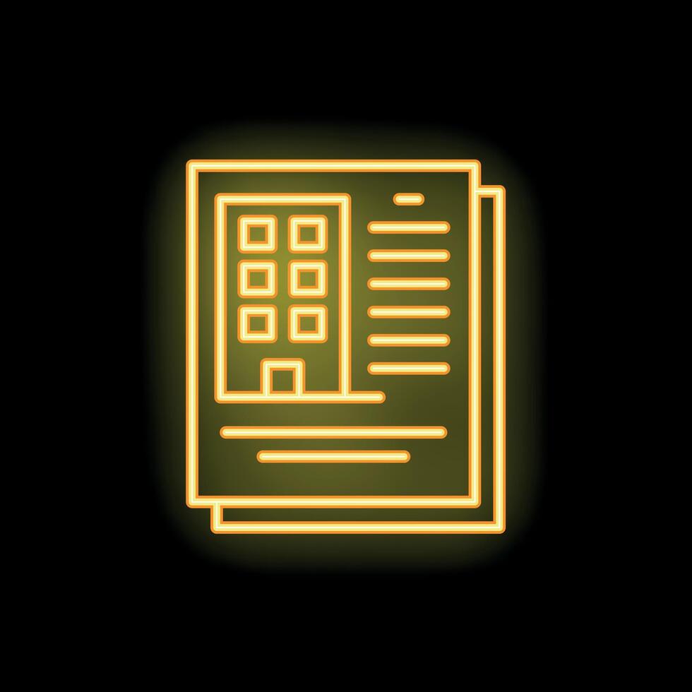 Neon icon of building permit glowing yellow on black background vector