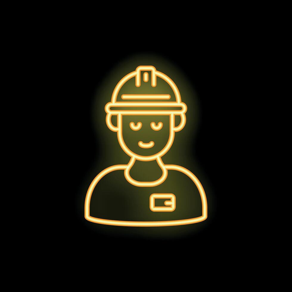Smiling construction worker wearing hard hat neon sign on black background vector