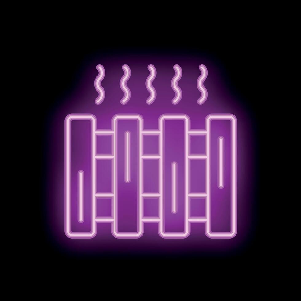 Neon icon of heating radiator emitting heat waves on black background vector