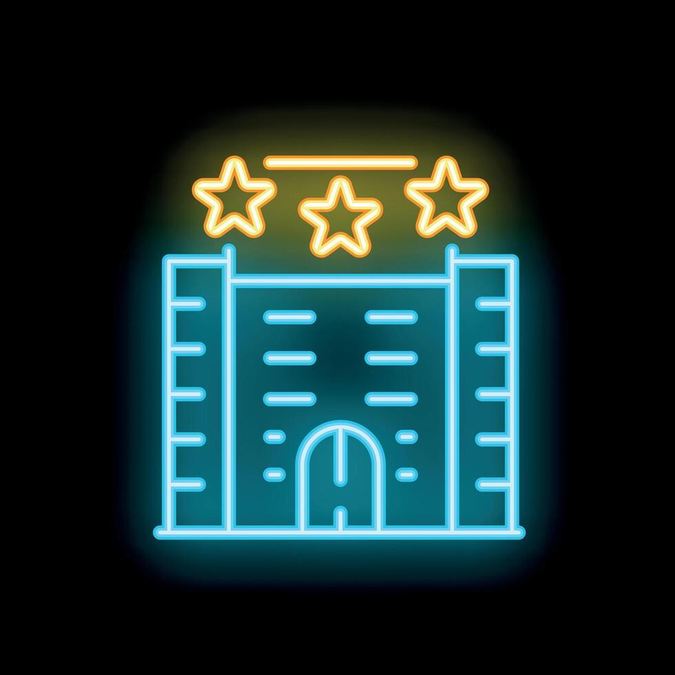 Neon icon of a three stars hotel building with glowing windows and door vector
