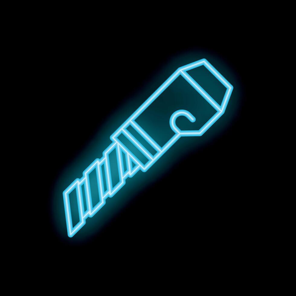 Blue neon sign of drill bit shining on black background vector