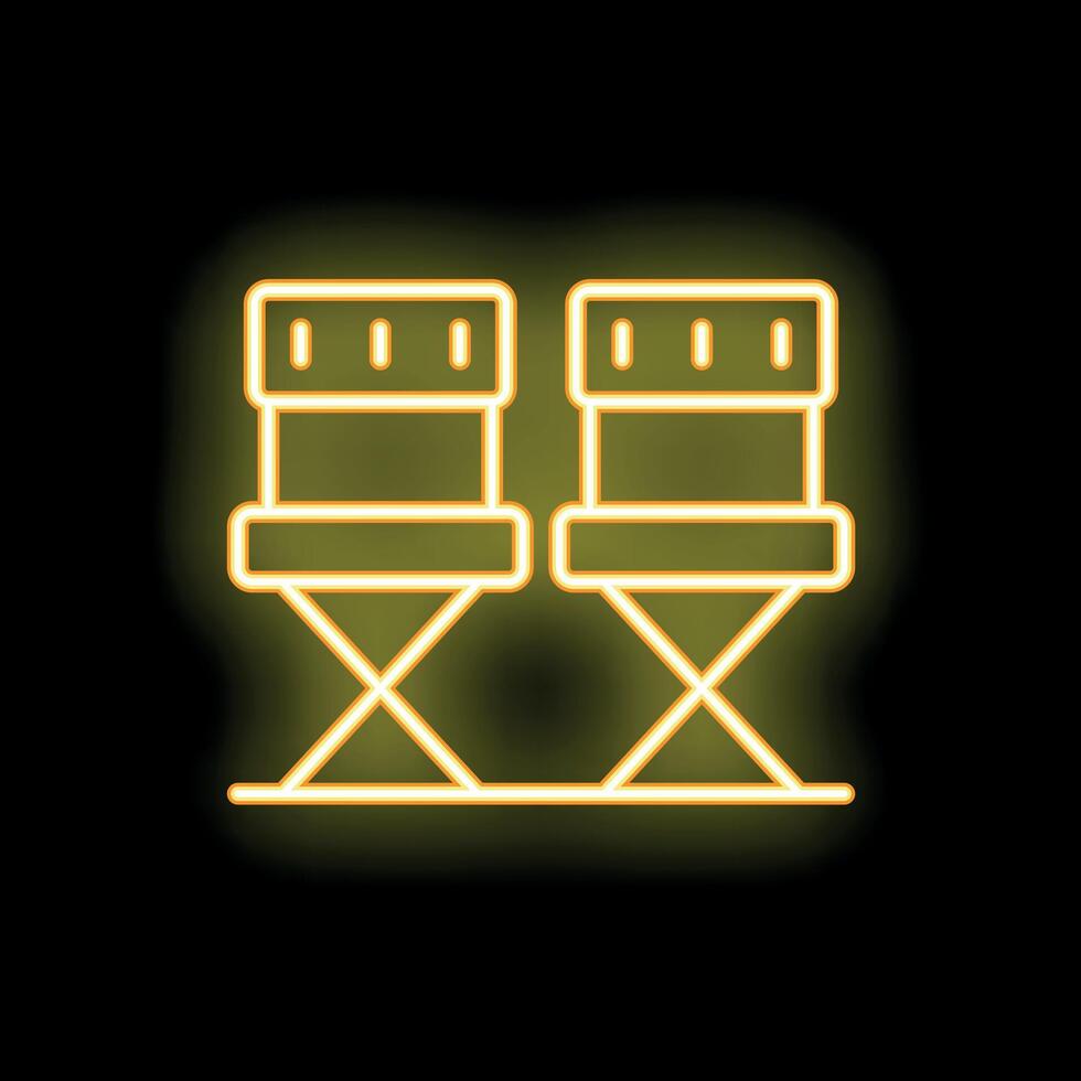 Two neon yellow folding chairs glowing on black background vector