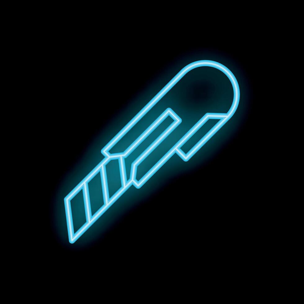 Blue neon sign utility knife icon glowing on black background vector