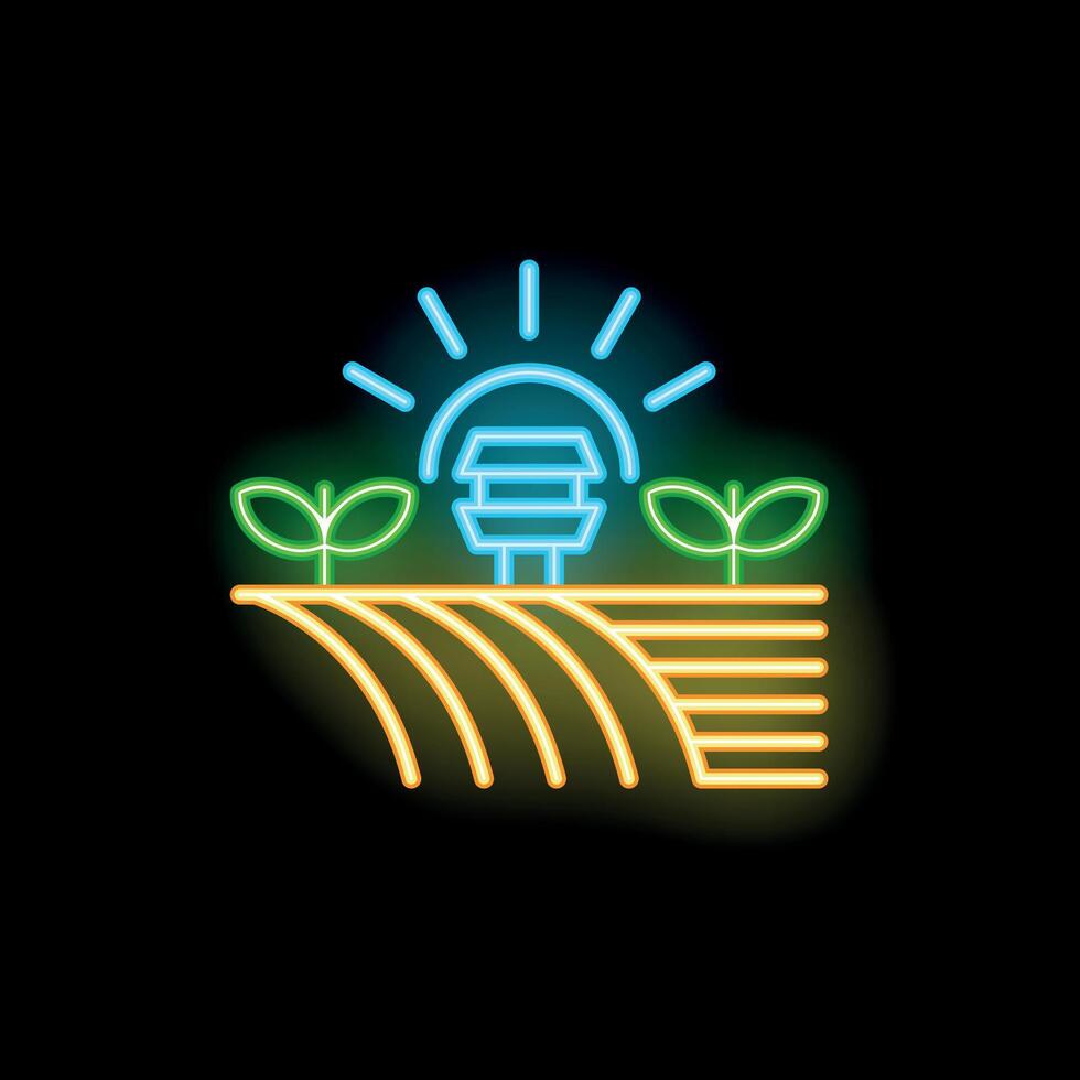Neon icon of farmland with growing plants, barn, and shining sun vector