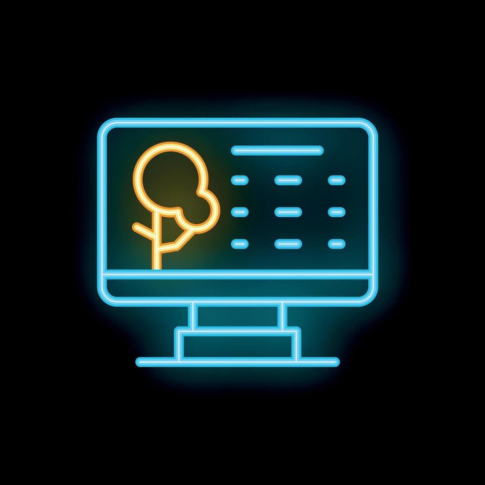 Neon icon of computer displaying weather forecast with tree and temperature data vector