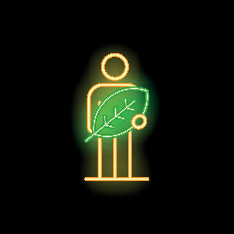 Neon icon of environmentalist holding leaf promoting sustainability vector