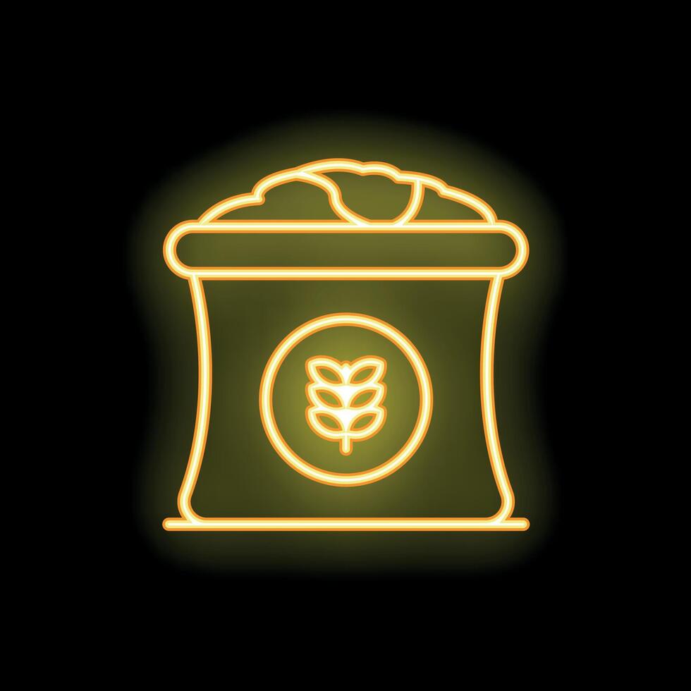 Yellow neon icon of a bag of flour or grain on black background vector