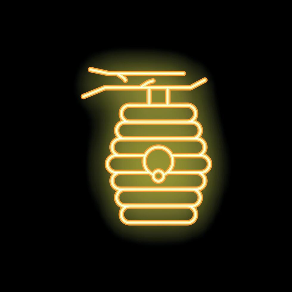 Neon sign of beehive hanging from tree branch glowing yellow vector