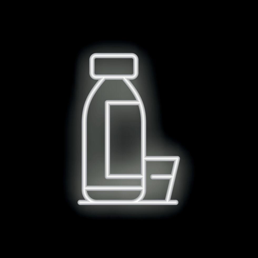 Neon medicine bottle with open pill box glowing on black background vector