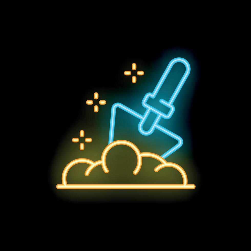 Neon shovel digging soil for planting and gardening vector