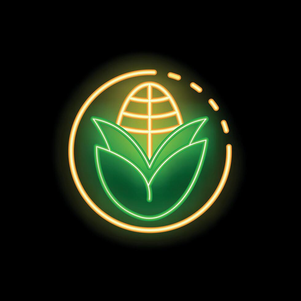 Neon icon of corn cob with leaves for gmo free product vector