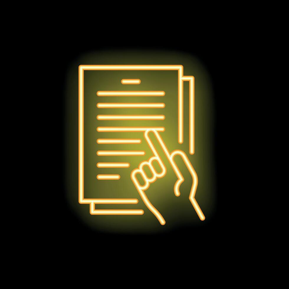 Hand pointing at document neon sign on black background vector