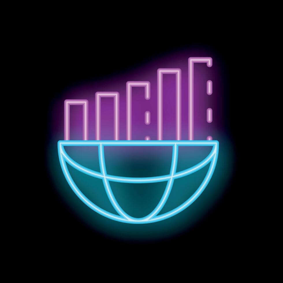 Neon icon of growing bar chart on half earth globe vector