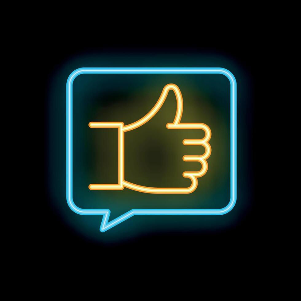 Neon thumbs up sign inside speech bubble on black background vector