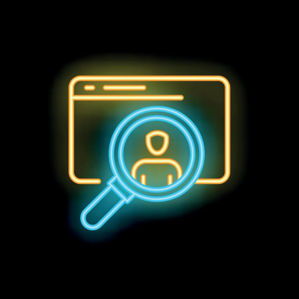Magnifying glass searching for candidate profile on internet website neon sign icon vector