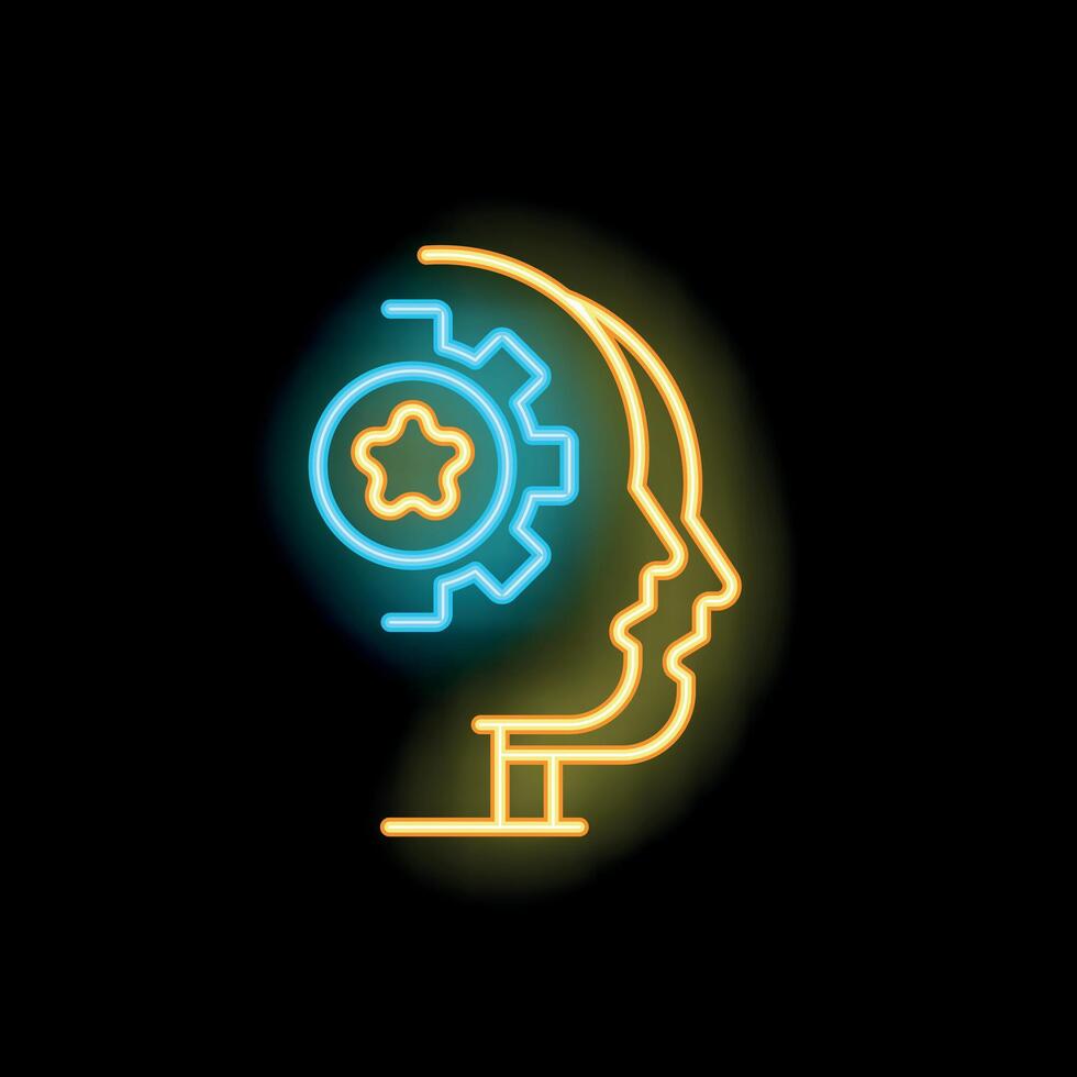 Neon icon of three human heads sharing a gear mechanism symbolizing teamwork vector