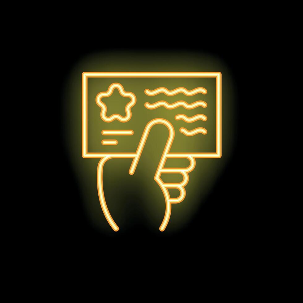Neon sign of a hand holding a card with a star on it vector