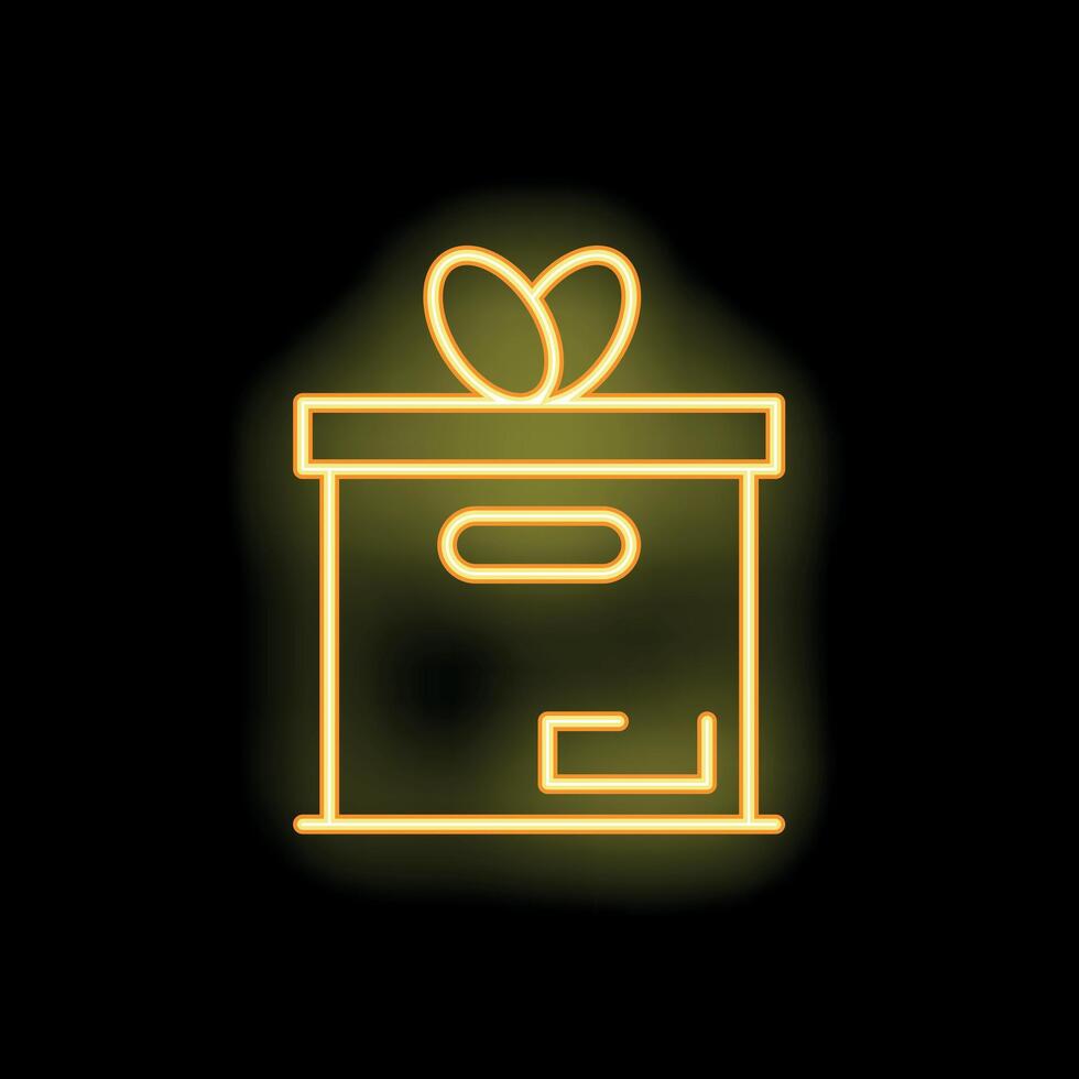 Neon yellow gift box with ribbon on black background vector