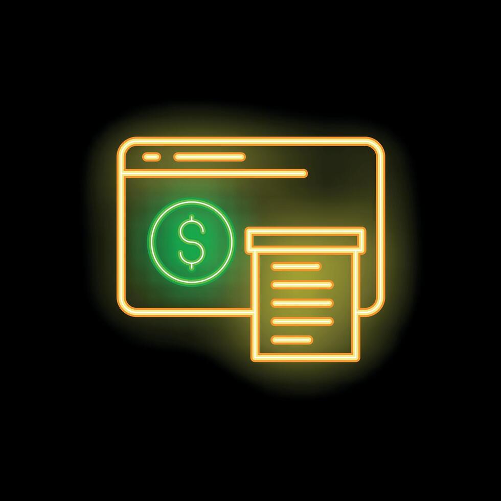 Neon icon of online payment system showing dollar sign and receipt vector