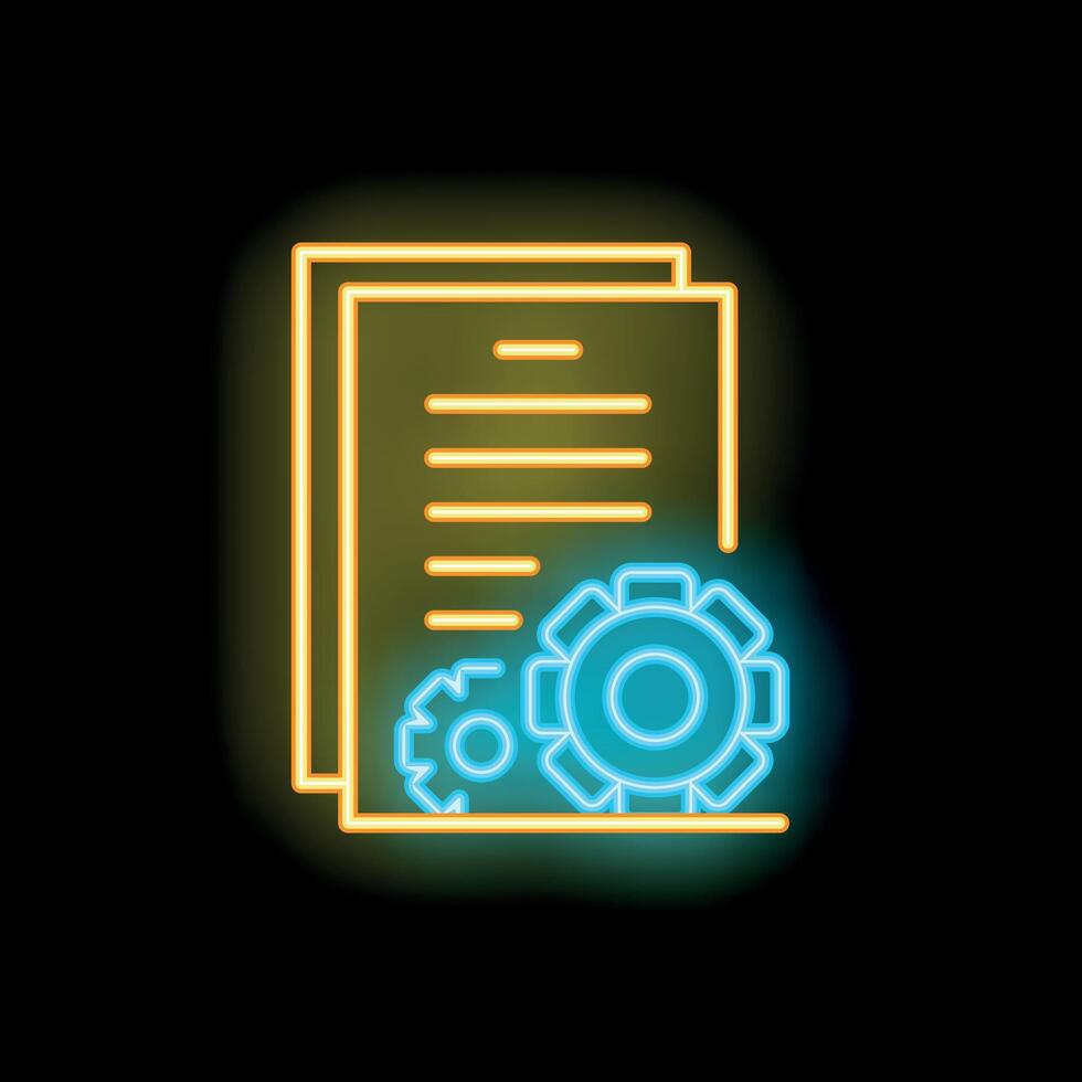 Neon icon of documents with cogwheel representing project management vector