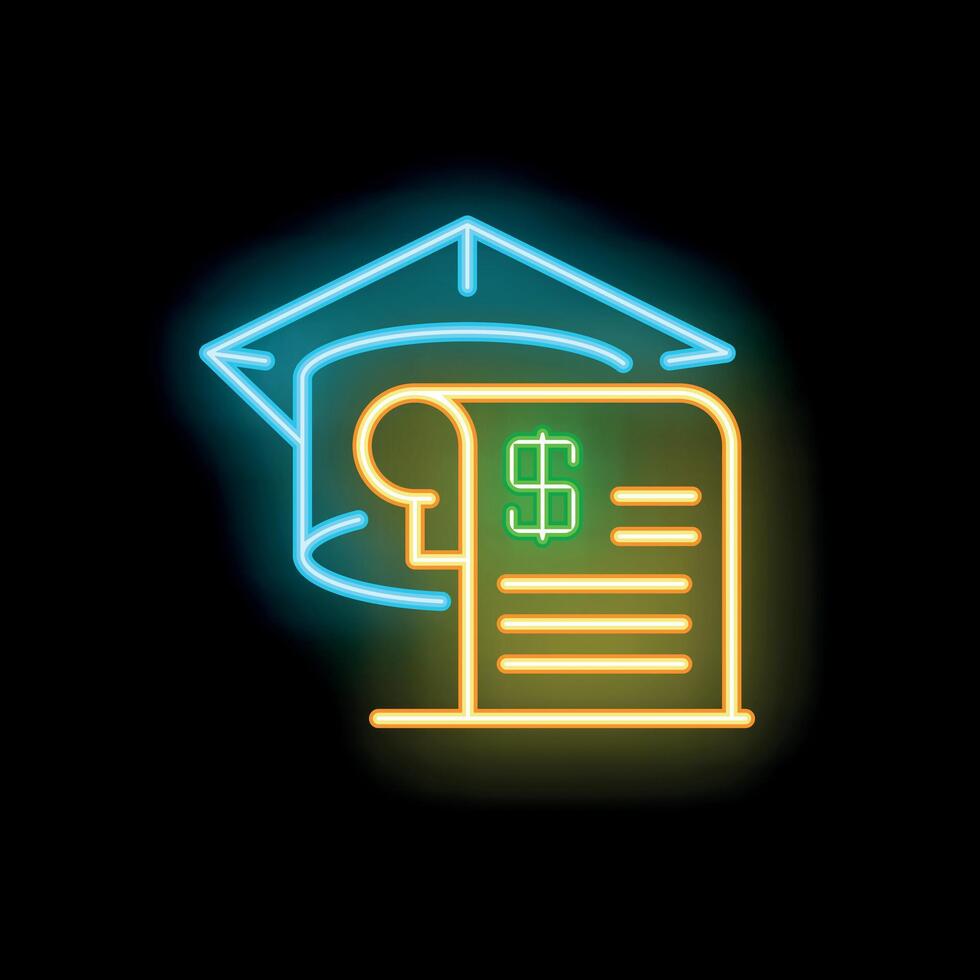 Neon sign representing student loan debt with graduation hat and dollar bill vector