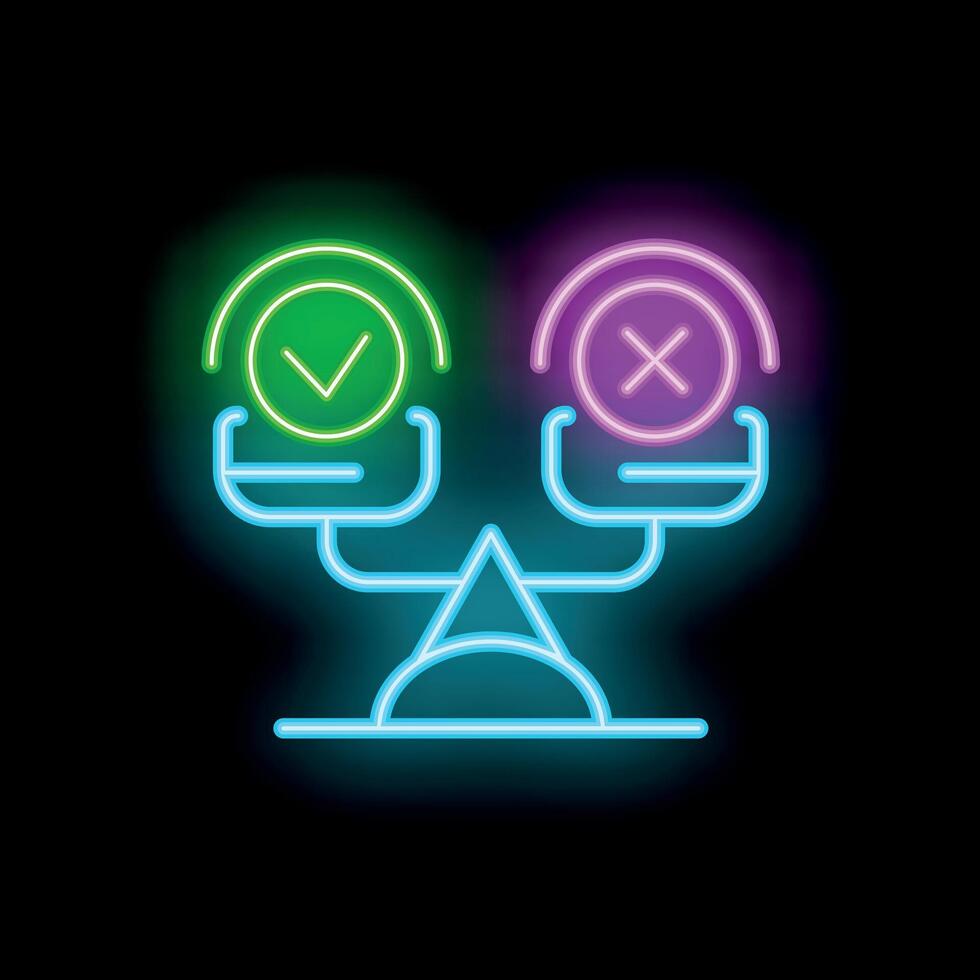 Neon scales balancing checkmark and cross symbolising decision making vector