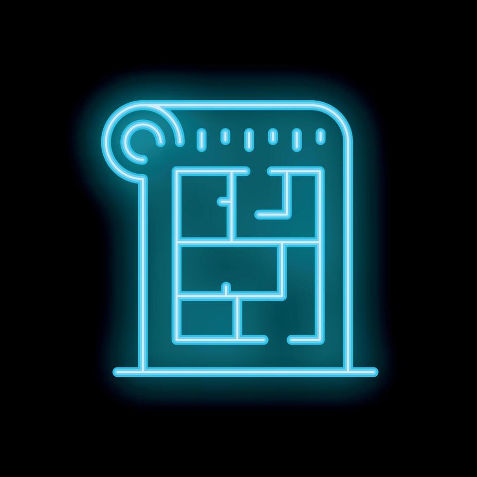 Neon blue house plan showing apartment layout with ruler on black background vector