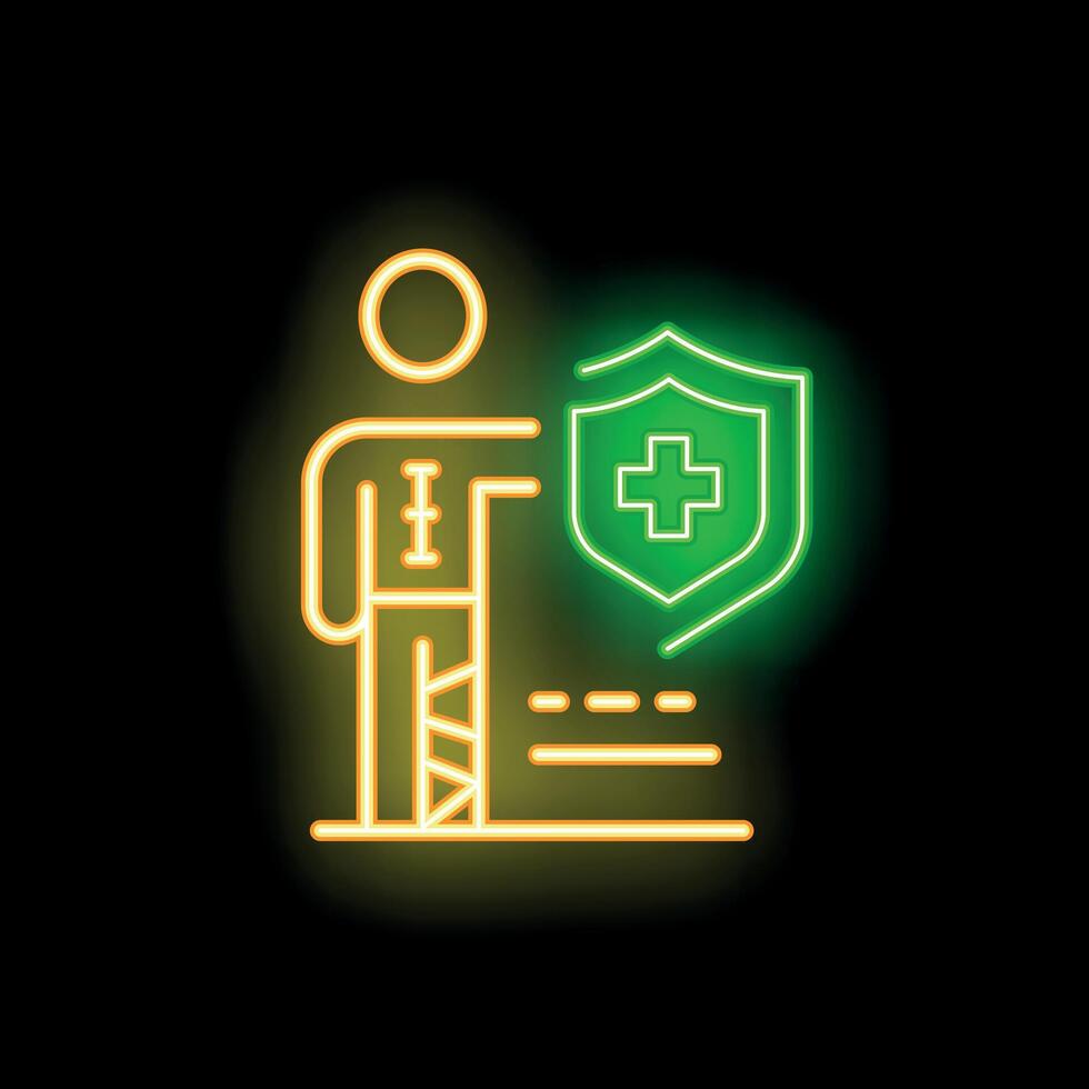 Patient standing with crutches and holding health insurance in neon style vector