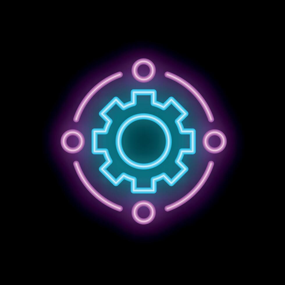 Neon sign representing distributed network with central gear surrounded by nodes vector