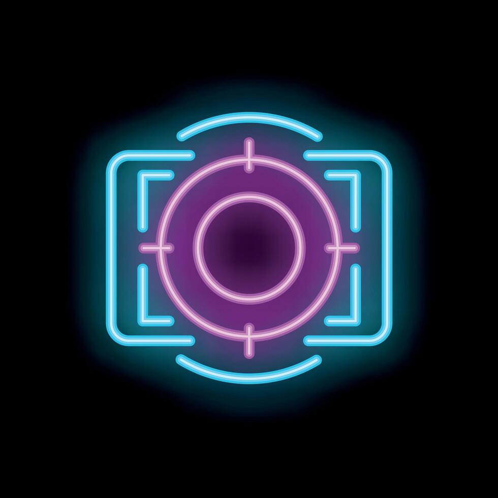 Neon camera icon focusing on target audience with crosshair symbol vector