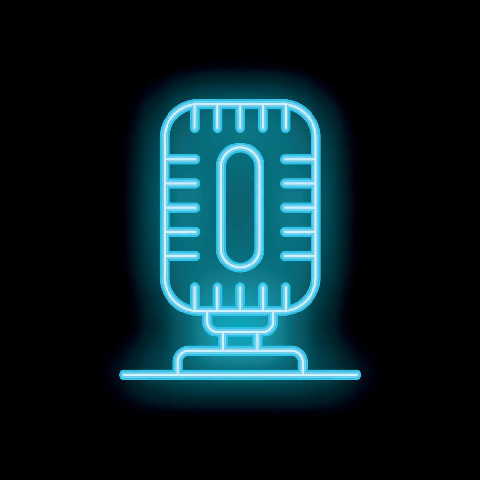 Bright blue neon microphone glowing on a black background vector