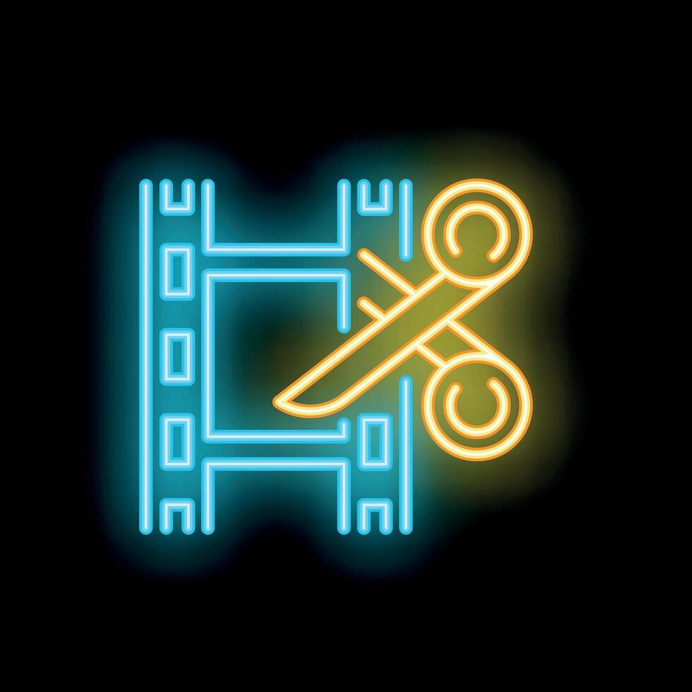 Neon icon of scissors cutting film for editing concept vector
