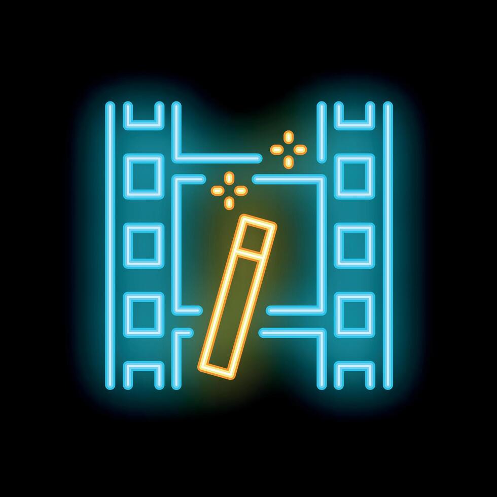 Neon icon of magic wand creating movie frame with sparkling light effect vector