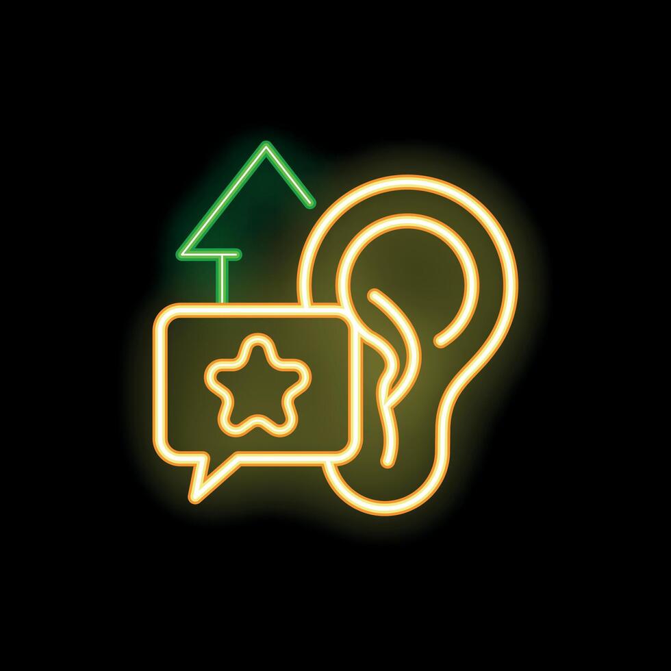 Neon icon of ear receiving positive feedback with star and up arrow vector