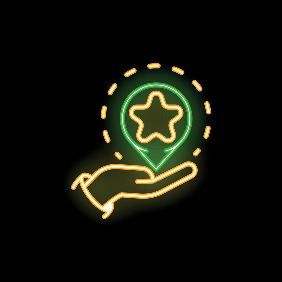 Hand holding location pin with star neon sign on black background vector