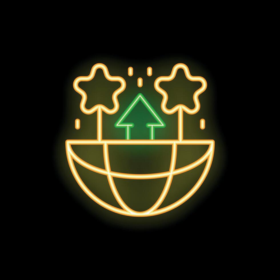 Neon icon of green house with arrow pointing up on planet earth with stars vector
