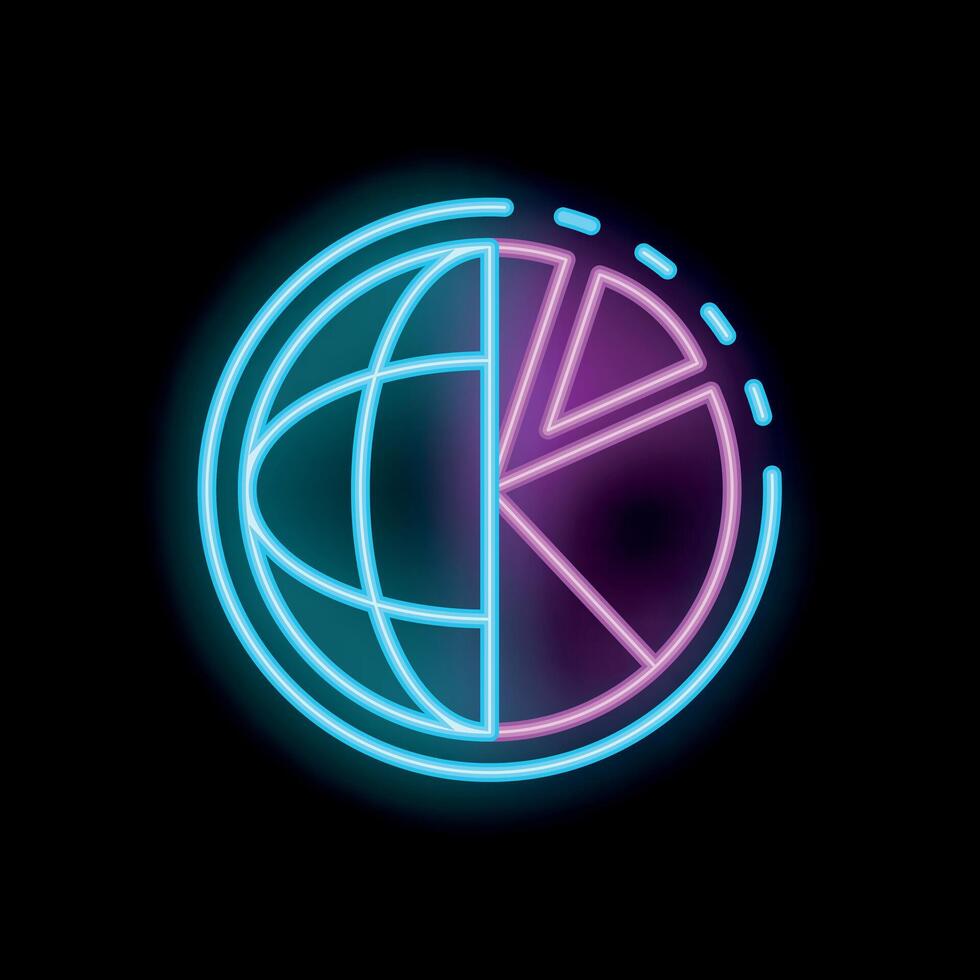 Neon sign representing global market share analysis with pie chart and globe icon vector
