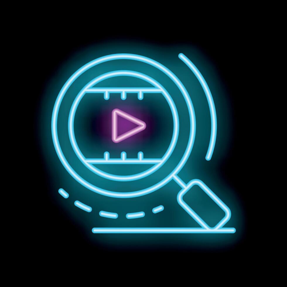 Neon magnifying glass searching player button icon vector