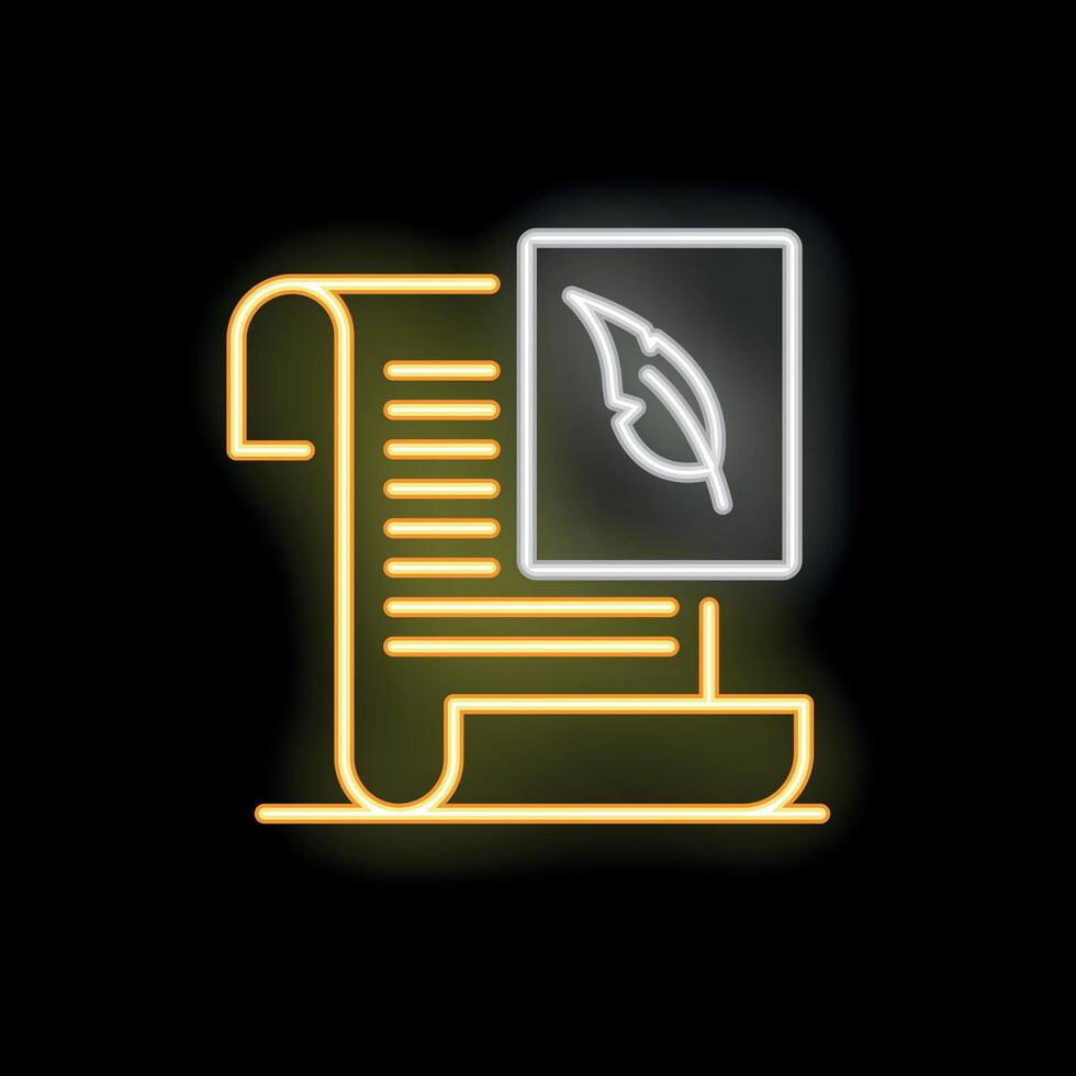 Neon icon of feather pen writing on paper scroll representing copywriting vector