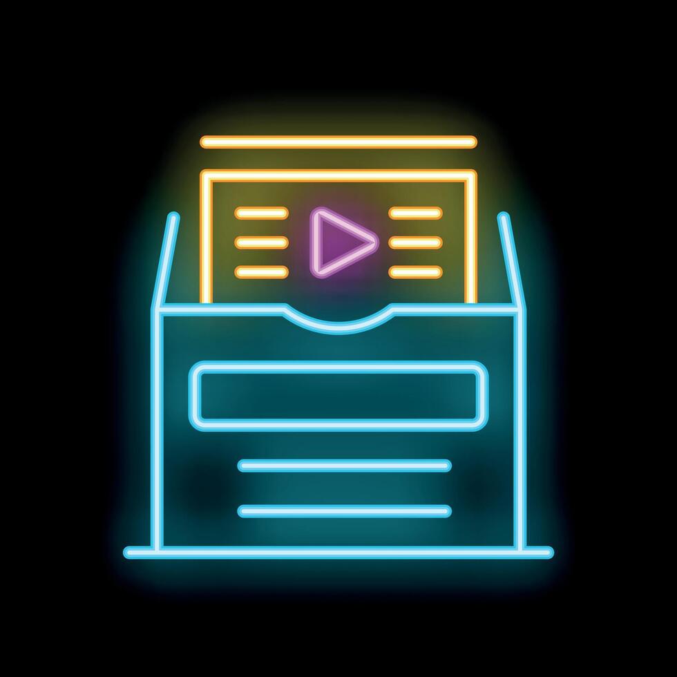 Neon icon of file storage folder glowing on dark background vector