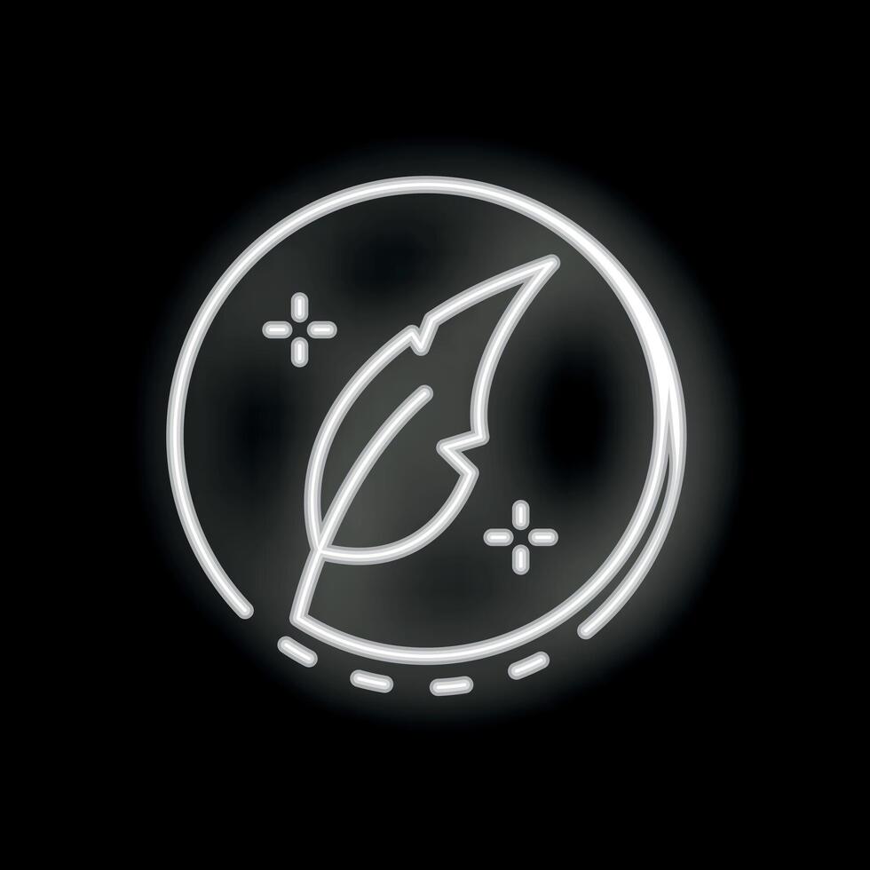 Neon sign of feather pen with stars in circle on black background vector