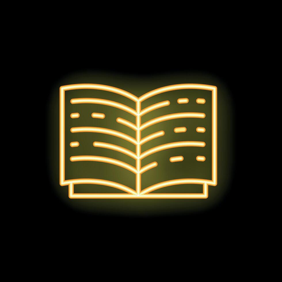 Yellow neon open book shining on black background vector