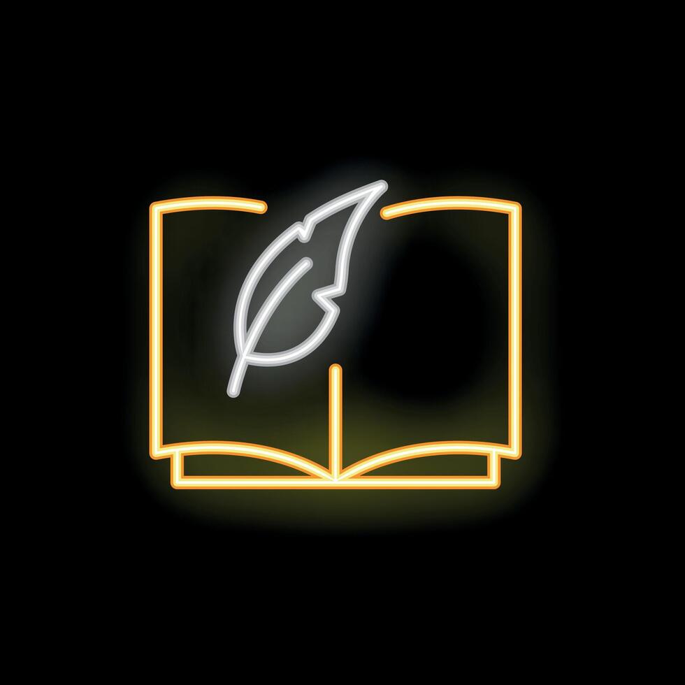 Neon sign depicting open book with feather pen for writing and storytelling vector