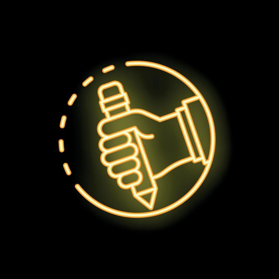 Hand holding pencil neon sign in circle frame vector