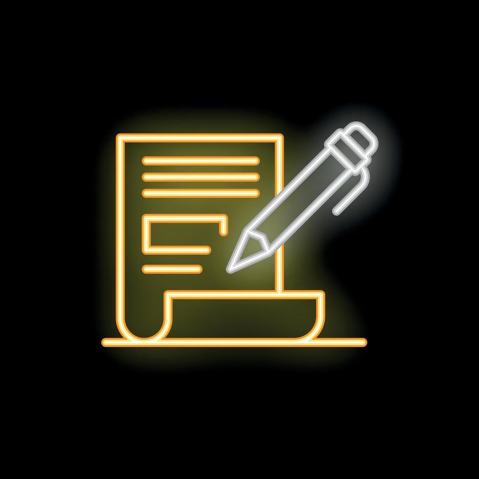 Neon sign of pen writing on paper representing content creation vector