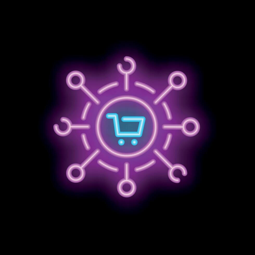 Glowing neon sign depicting the omnichannel concept with a shopping cart icon at the center vector