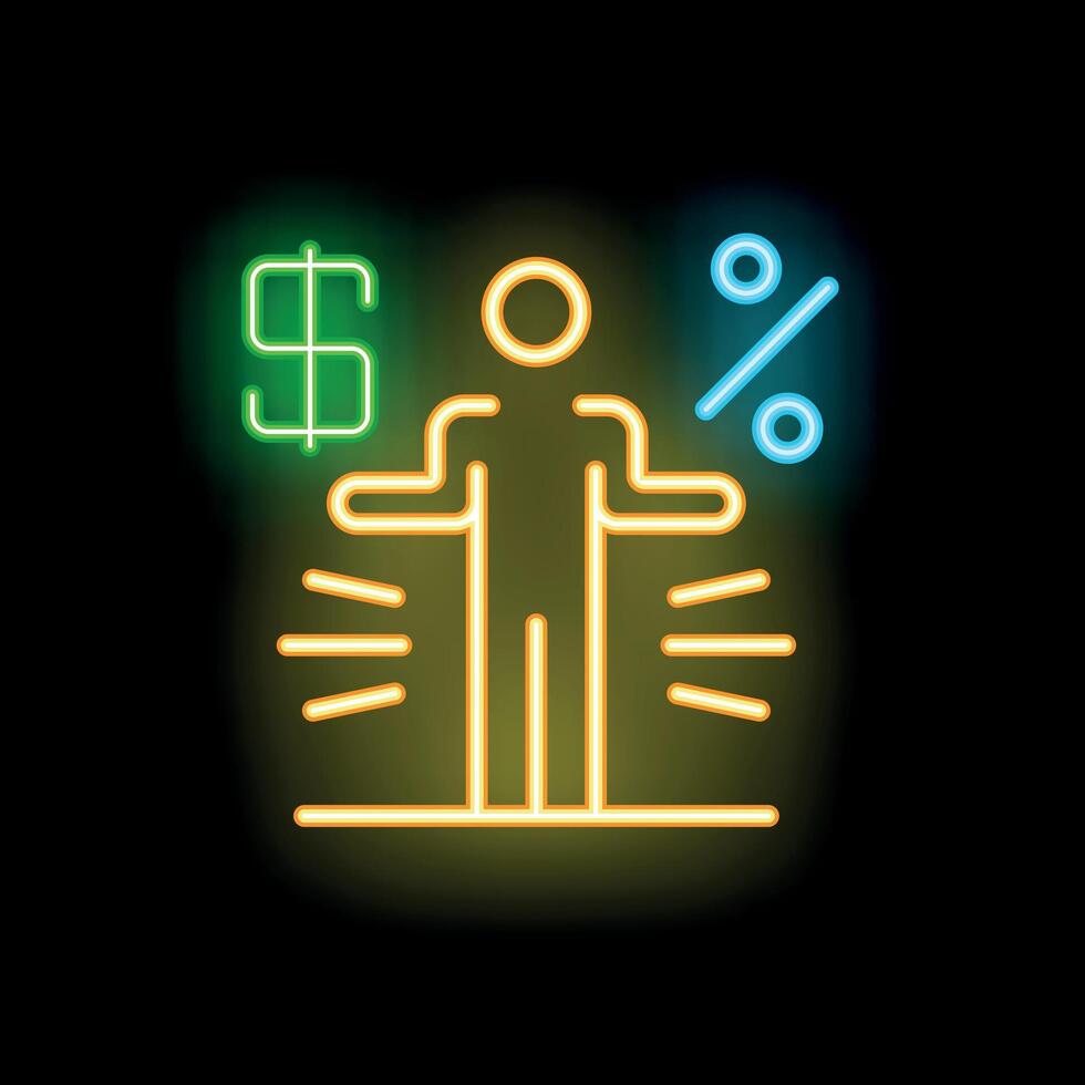 Businessman choosing between dollar and percentage neon signboard on black background vector