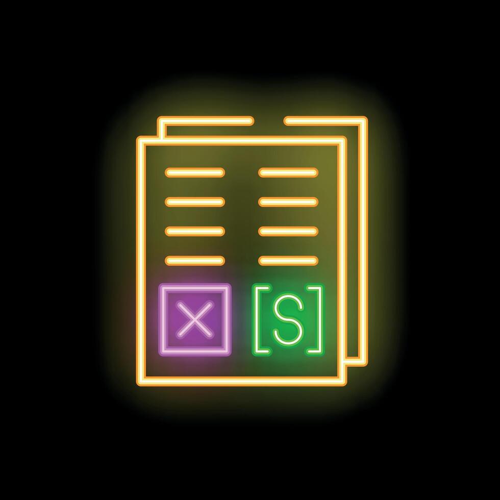 Neon icon of documents with paragraphs and checkboxes representing proofreading and editing vector