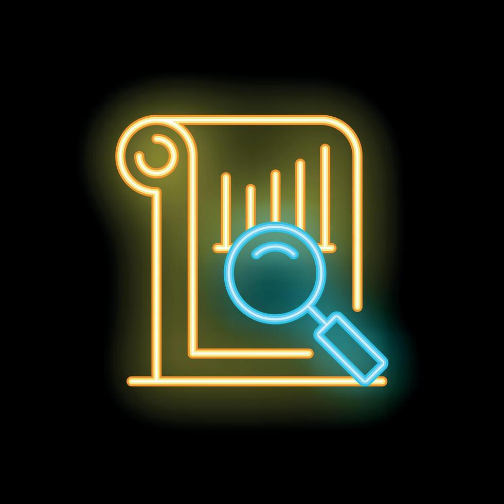 Neon icon of magnifying glass examining documents with charts and graphs vector